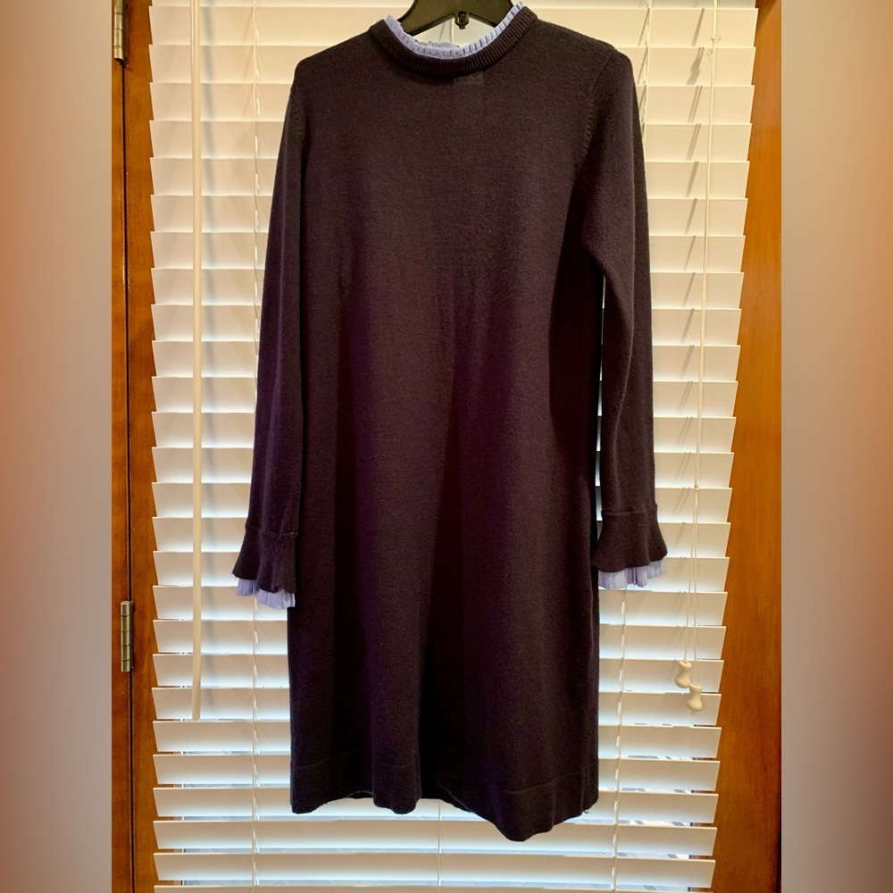 Vince Camuto Sweater Dress Periwinkle Trim Neck Cuffs Keyhole Back Navy Preppy